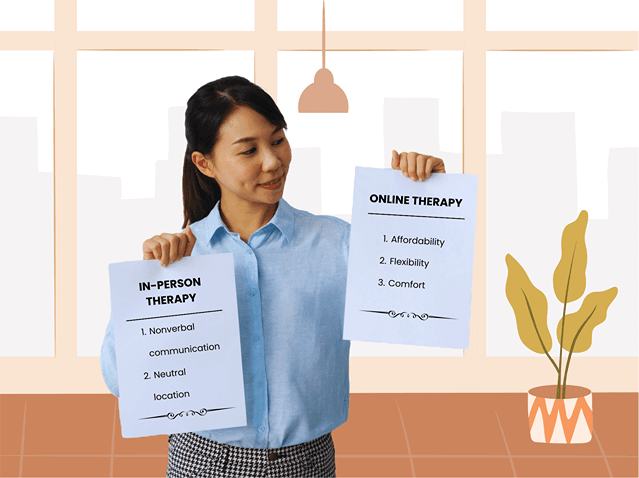 An infographic explaining the advantages of online therapy vs in-person therapy.